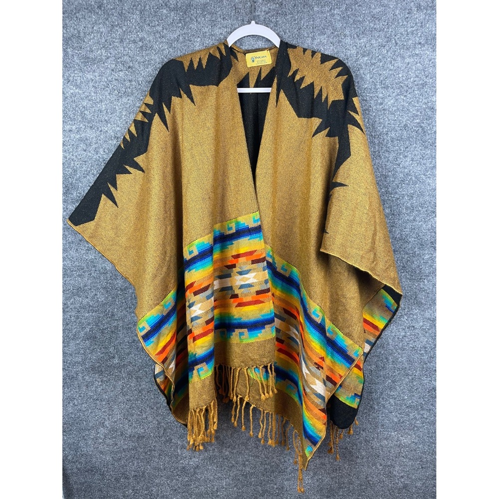Yarina Poncho Shawl Womens One Size Gold Excellent Alpaca Cotton Ecuador Fringe